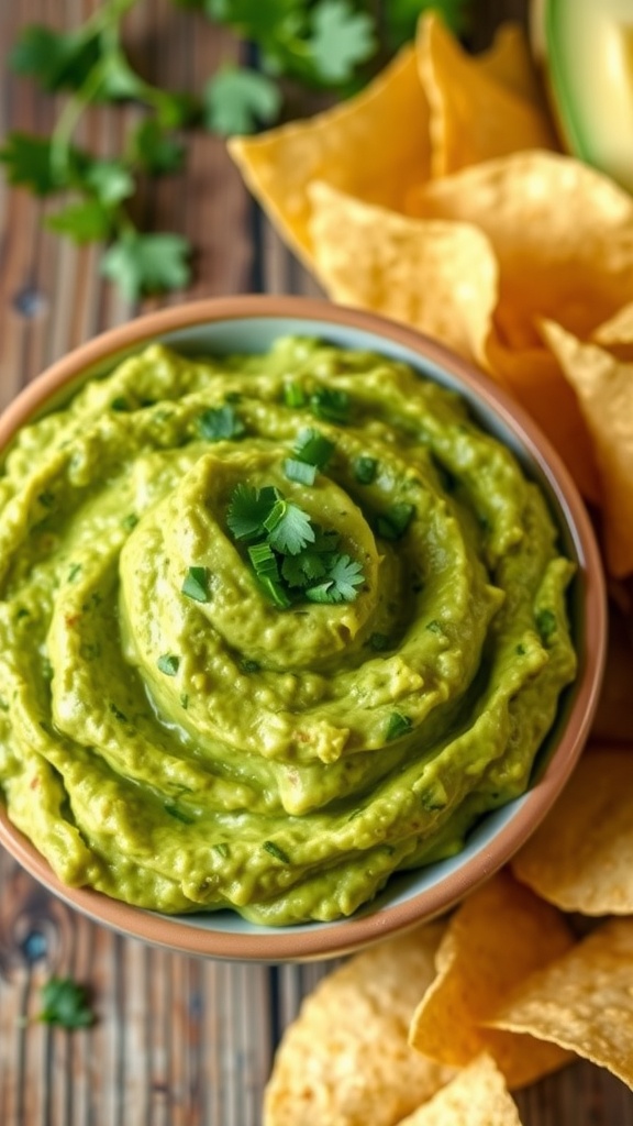 A bowl of homemade guacamole garnished with cilantro, alongside tortilla chips on a wooden table.